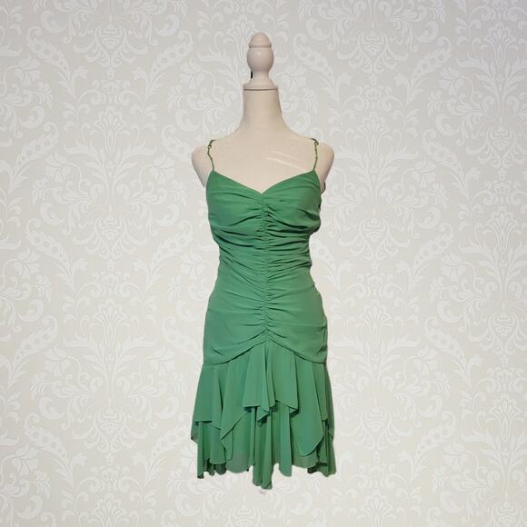 Allen Shwarts, 4 | 90s Bodycon Ruched Lime Green Prom Evening Bead Straps Dress - Picture 1 of 7